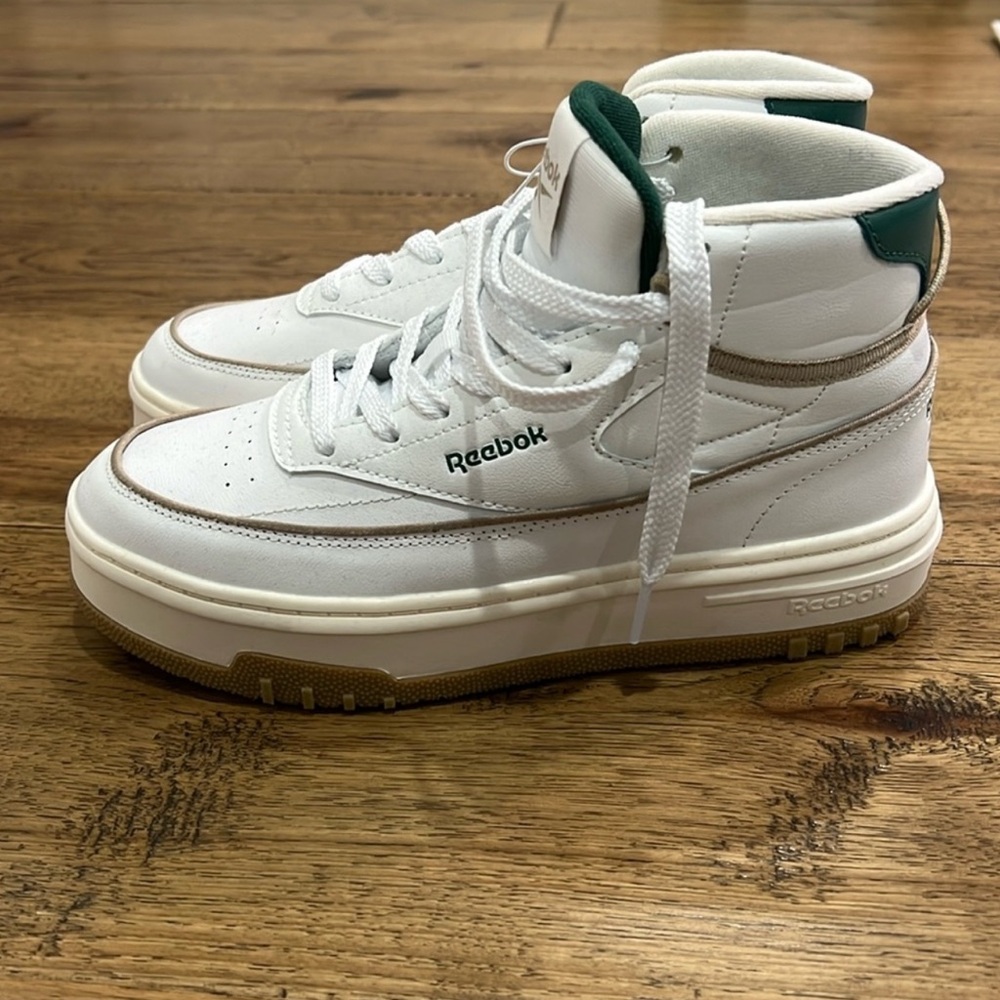 Reebok White and Green Platform Sneakers